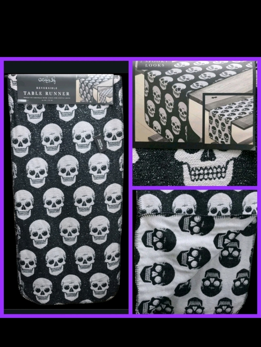 72" Envogue Skull Sparkly Halloween Day Of The Dead  Table Runner Reversible NEW